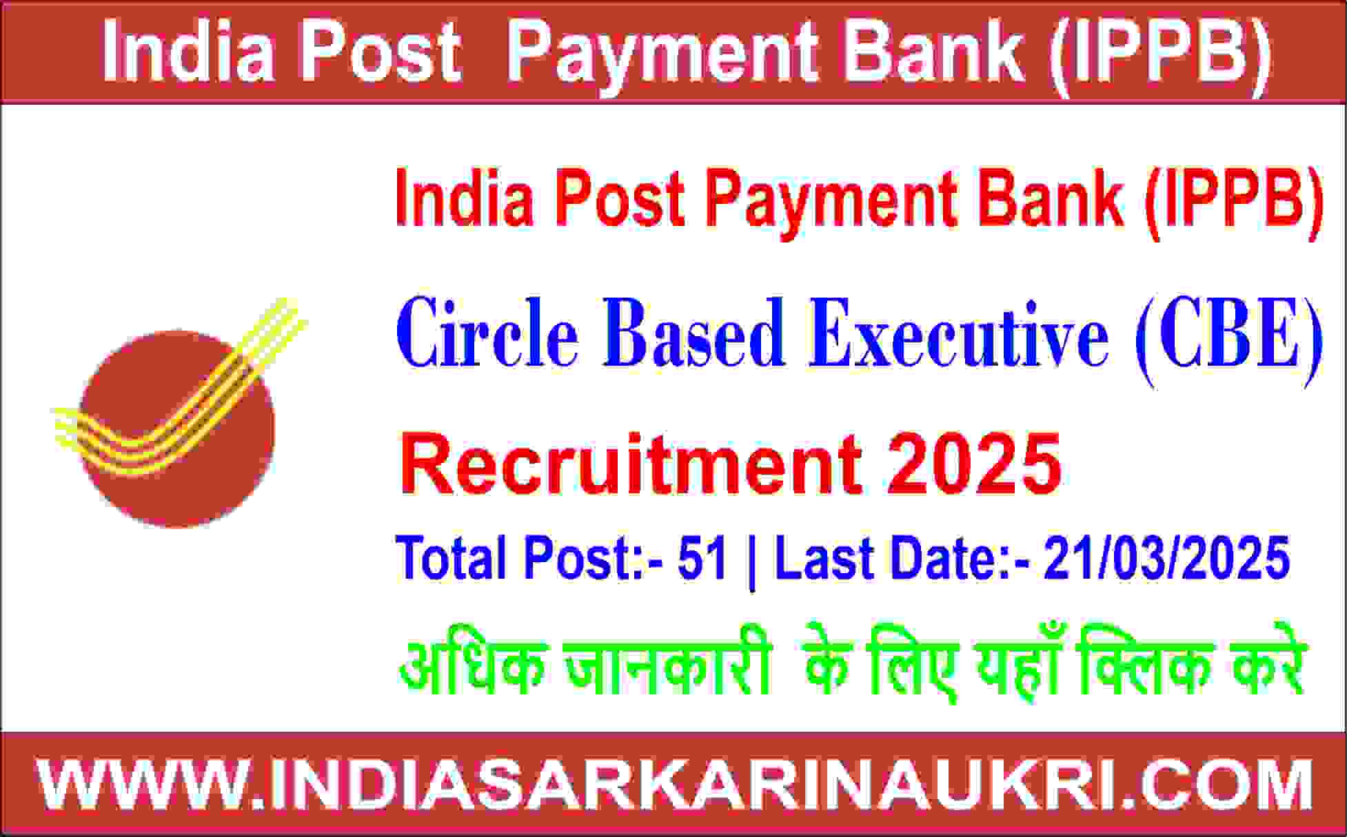 India Post Payment Bank (IPPB) Circle Based Executive Recruitment 2025 – Apply Online for 51 Vacancies 